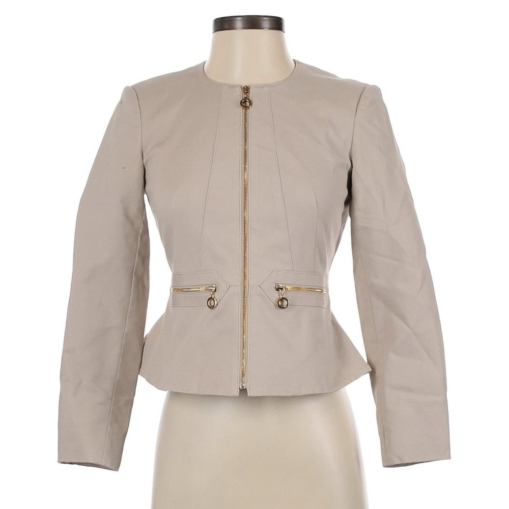 Calvin Klein Cream Collarless Zip-Front Peplum Jacket
